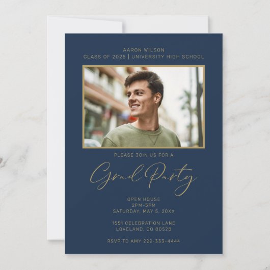 Moderne Navy Blue Foto Graduation Party Einladung (Rückseite)