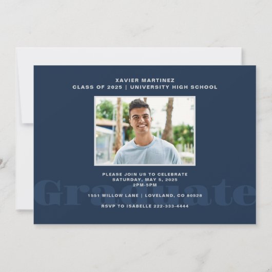 Moderne Navy Blue Foto Graduation Party Einladung (Rückseite)