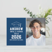Moderne Navy Blue Foto Graduation Party Einladung (Stehend Vorderseite)