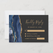 Moderne Navy Blue Gold Agate Dark Wedding RSVP Car (Vorderseite)