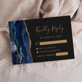 Moderne Navy Blue Gold Agate Dark Wedding RSVP Car Karte