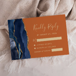 Moderne Navy Blue Gold Agate Orange Wedding RSVP Karte