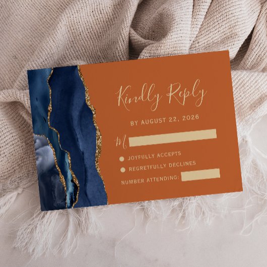 Moderne Navy Blue Gold Agate Orange Wedding RSVP Karte