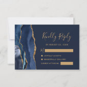 Moderne Navy Blue Gold Agate Wedding RSVP Card (Vorderseite)