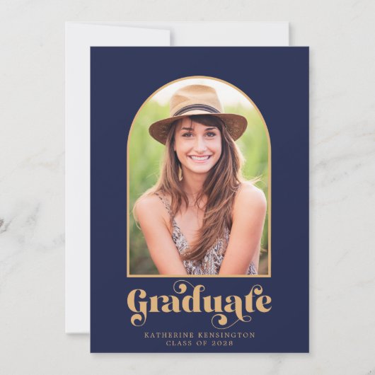 Moderne Navy Blue Gold Arch Foto Graduation Party Einladung (Vorderseite)