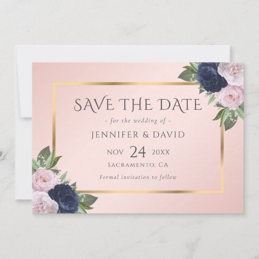 Moderne Navy Blue Gold Blütenpinsel Save The Date (Vorderseite)