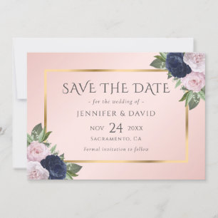 Moderne Navy Blue Gold Blütenpinsel Save The Date