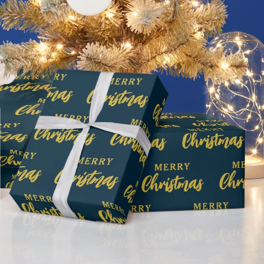 Moderne Navy Blue Gold Frohe Weihnachtsschrift Geschenkpapier (Feiertage)