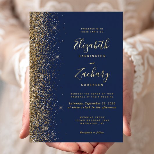 Moderne Navy Blue Gold Glitzer Edge Wedding Folieneinladung