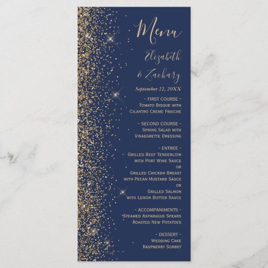 Moderne Navy Blue Gold Glitzer Edge Wedding Menükarte (Vorderseite)