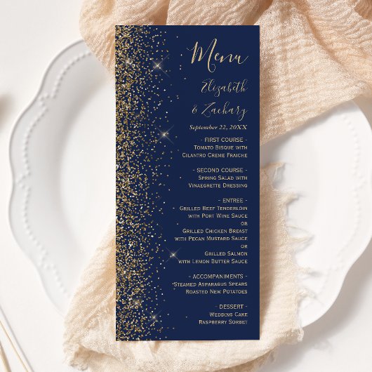 Moderne Navy Blue Gold Glitzer Edge Wedding Menükarte