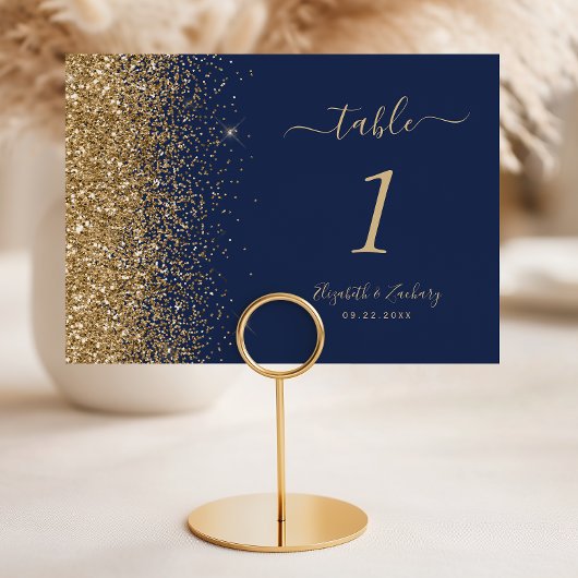 Moderne Navy Blue Gold Glitzer Edge Wedding Tischnummer
