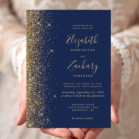 Moderne Navy Blue Gold Imitate Glitzer Edge Weddin Einladung