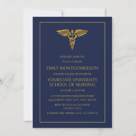 Moderne Navy Blue Gold Nursing School Graduate Einladung