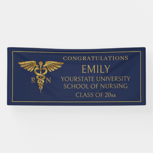 Moderne Navy Blue Gold Nursing School RN Abschluss Banner (Horizontal)