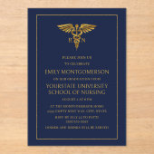 Moderne Navy Blue Gold Nursing School RN Graduate Acryleinladungen (Vorderseite)