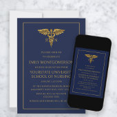 Moderne Navy Blue Gold Nursing School RN Graduate Einladung