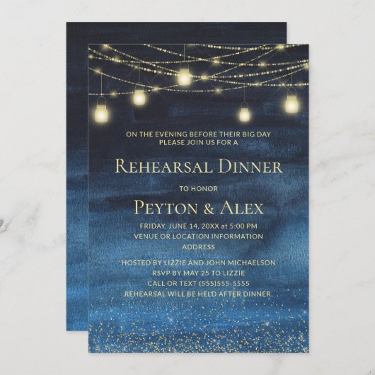 Moderne Navy Blue Gold String Lights Probe Einladung (Vorne/Hinten)