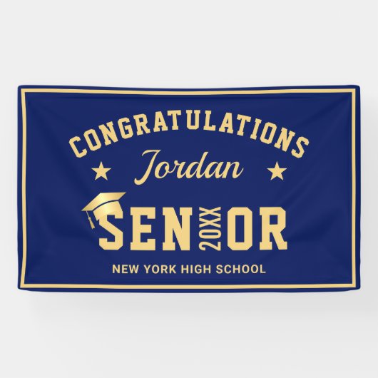 Moderne Navy Blue Golden 2024 Graduation Party Banner (Horizontal)