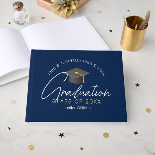 Moderne Navy Blue Graduate Custom Graduate Party Gästebuch (Vorderseite Offen)