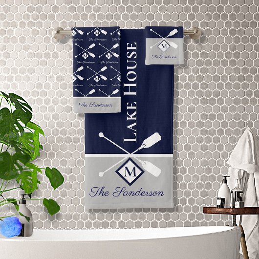 Moderne Navy Blue Gray Monogram Lake House Nautic Badhandtuch Set