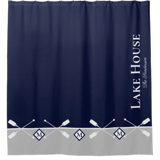 Moderne Navy Blue Gray Monogram Lake House Nautic Duschvorhang (Vorderseite)