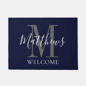 Moderne Navy Blue Gray Monogram Newlyweds Wedding Fußmatte (Vorderseite)