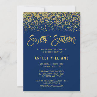Moderne Navy Blue Imitate Gold Glitzer Sweet 16 Einladung