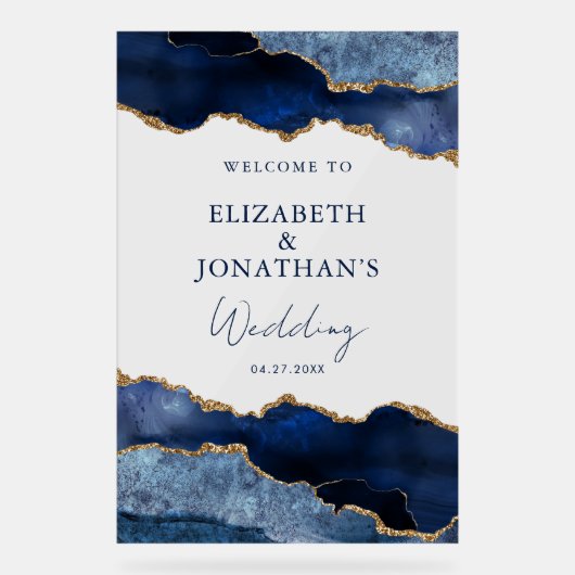 Moderne Navy Blue Imitats Gold Wedding Willkommen Acrylschild (Vorderseite)