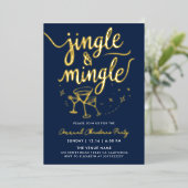 Moderne Navy Blue Jingle und Mingle Cocktail Scrip Folieneinladung (Stehend vorne)