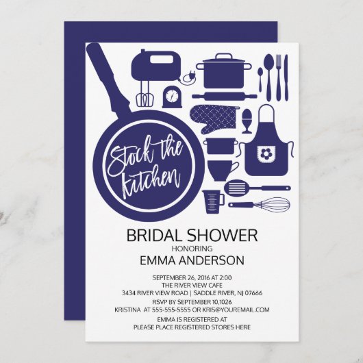 Moderne Navy Blue Kitchen Bridal Dusche Einladung (Vorne/Hinten)