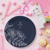 Moderne Navy Blue Monogram Floral Paper Plate Pappteller (Party)