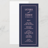 Moderne Navy Blue Pink Script Minimal Hochzeit Menükarte (Vorne/Hinten)