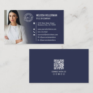 Moderne Navy-Blue-Profi-QR-Code-Foto-Logo Visitenkarte