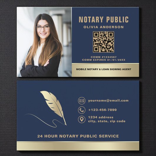 Moderne Navy-Blue-QR-Code-Foto-Notar Visitenkarte