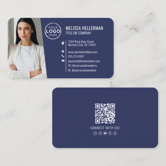 Moderne Navy-Blue-QR-Code-Profilbild-Logo Visitenkarte (Vorne/Hinten)