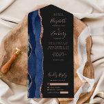 Moderne Navy Blue Rose Gold Agate Dark Wedding All In One Einladung<br><div class="desc">Die links Kulisse dieses eleganten, modernen und einladenden Hochzeitszimmers und der UAWG mit einem marineblau-blauen Aquarellrand besticht durch den vergoldeten Glitzer der Imitate Rose. Der anpassbare Text kombiniert Rose-Rosa-Handschrift, Copperplate und kursiv Schriftart auf einem schwarzen Hintergrund. Die Rücksendeadresse erscheint auf der Außentafel und auf der Rückseite der abnehmbaren RSVP-Karte in...</div>