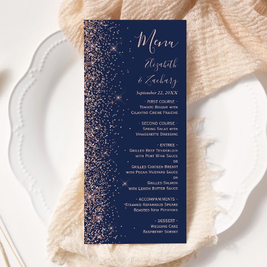 Moderne Navy Blue Rose Gold Glitzer Edge Wedding Menükarte