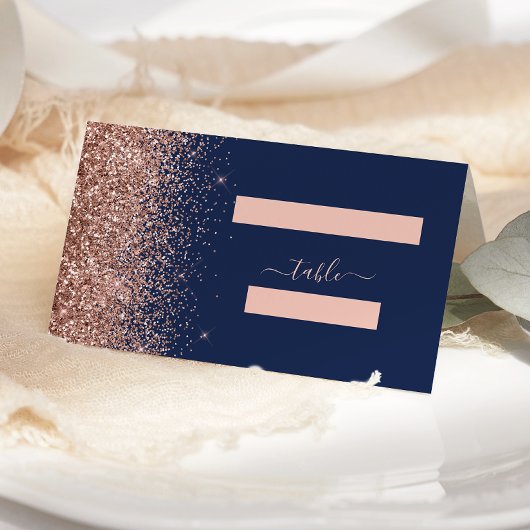 Moderne Navy Blue Rose Gold Glitzer Edge Wedding Platzkarte