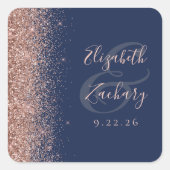 Moderne Navy Blue Rose Gold Glitzer Edge Wedding Quadratischer Aufkleber (Vorderseite)