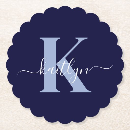 Moderne Navy-Blue-Schrift-Monogramm Untersetzer (Vorderseite)