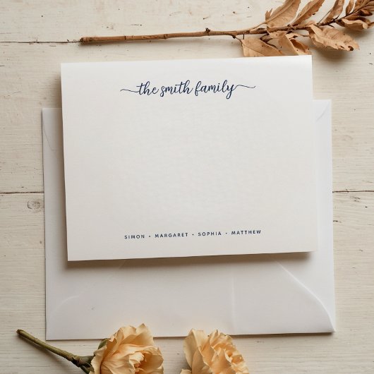 Moderne Navy Blue Script Family Stationierung Mitteilungskarte