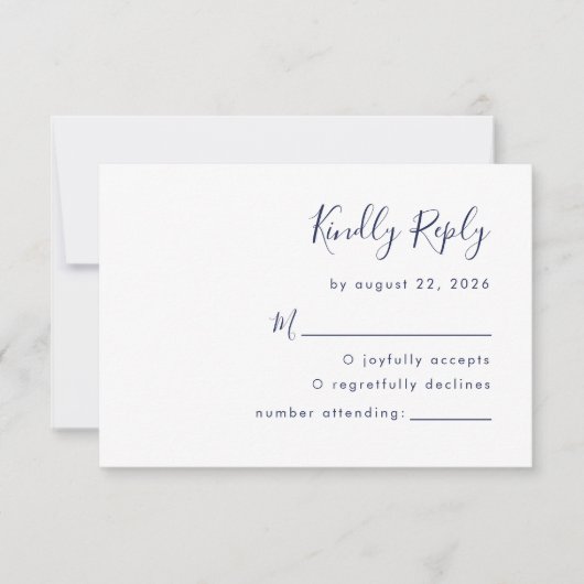 Moderne Navy Blue Script Hochzeit RSVP Karte (Vorderseite)
