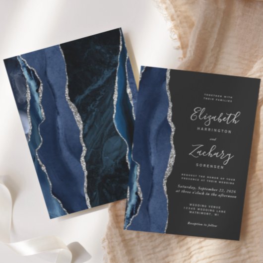 Moderne Navy Blue Silver Agate Dark Wedding Einladung
