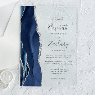 Moderne Navy Blue Silver Agate Hochzeit Acryleinladungen