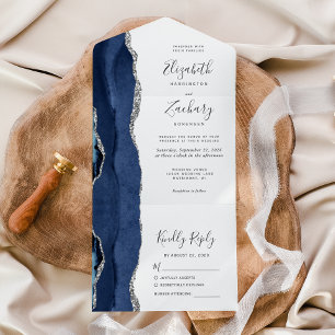 Moderne Navy Blue Silver Agate Hochzeit All In One Einladung