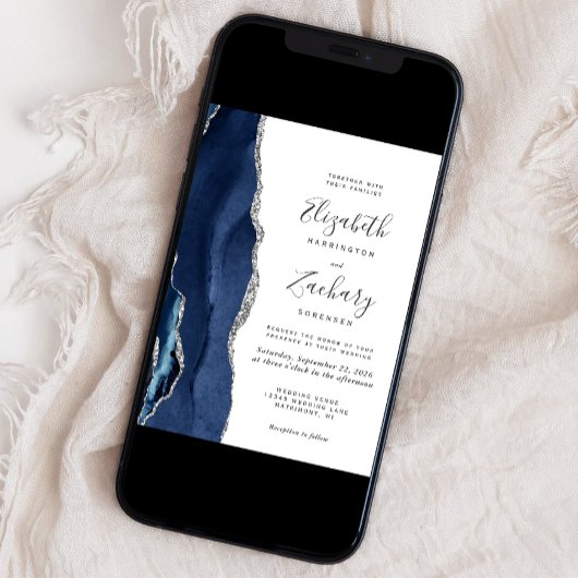 Moderne Navy Blue Silver Agate Hochzeit Einladung