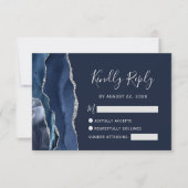Moderne Navy Blue Silver Agate Hochzeit RSVP Karte (Vorderseite)