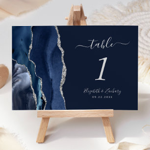 Moderne Navy Blue Silver Agate Hochzeit Tischnummer