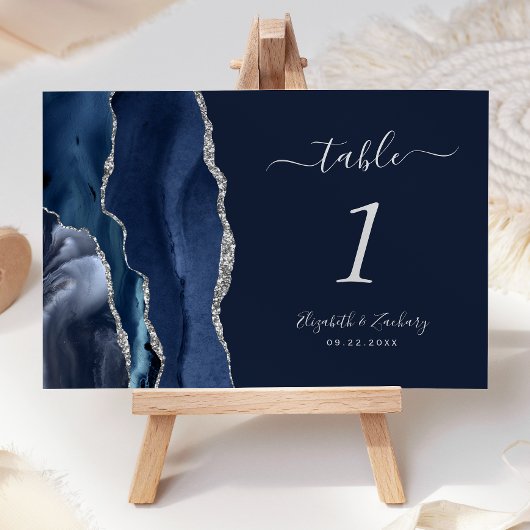 Moderne Navy Blue Silver Agate Hochzeit Tischnummer